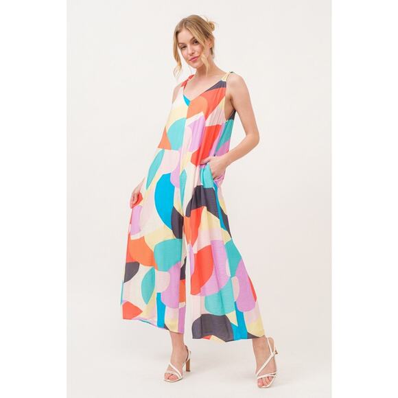 And The Why Tied Shoulder Straps Geo Print Pockets Wide Leg Jumpsuit | Yellow - Picture 6 of 11